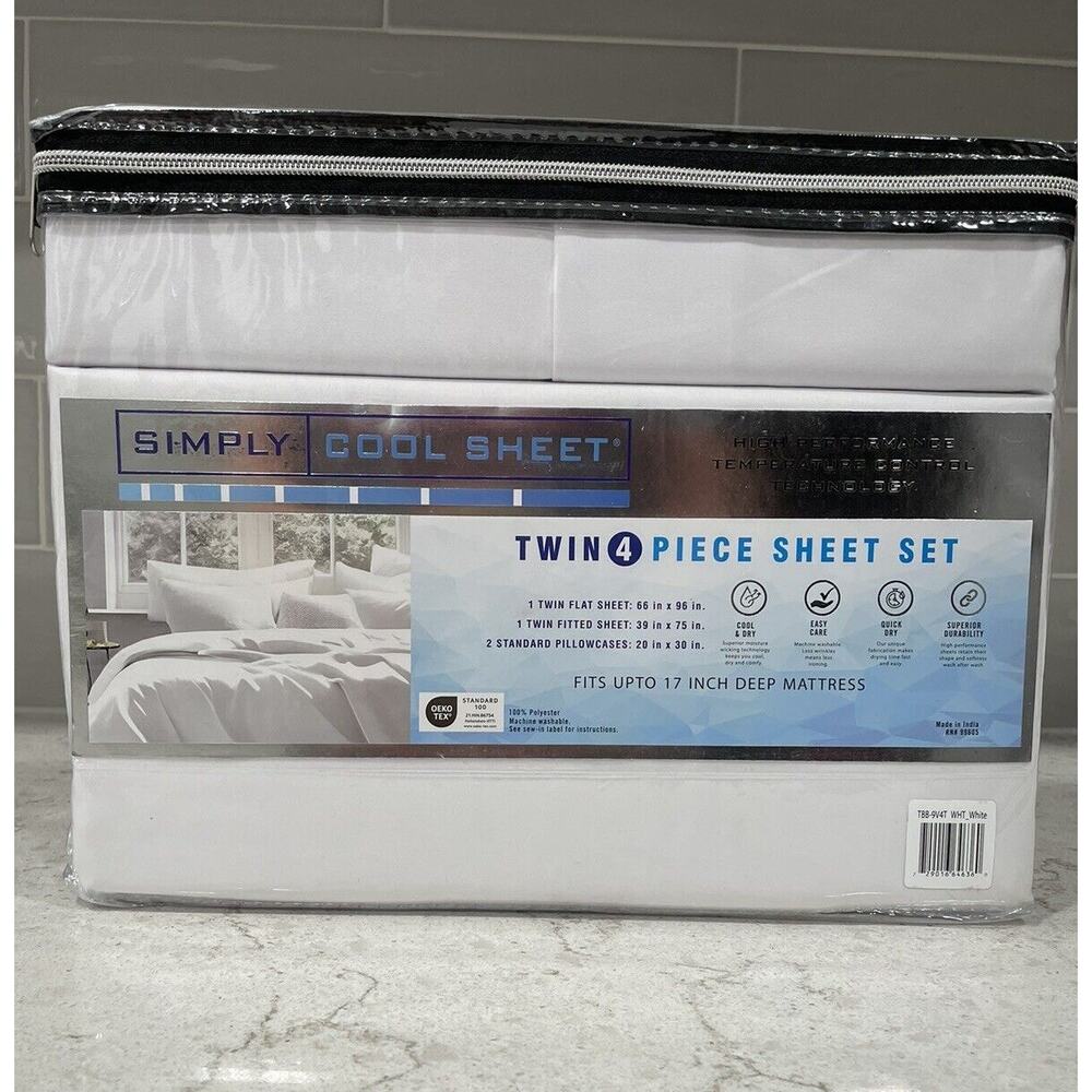 4 Pc TWIN Simply Cool Cool & Dry Comfort Fabric Sheet Set White Sheets NEW